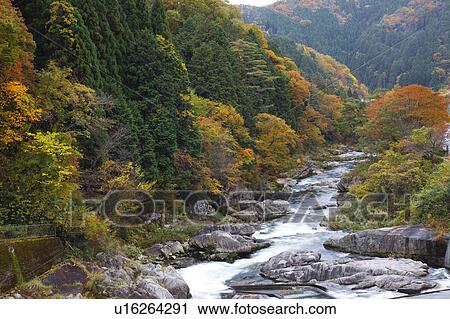 Stock Image - Okutsu gorge, Okayama Prefecture, Honshu, Japan. Fotosearch