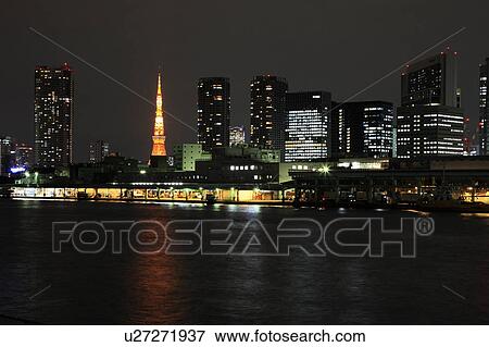 Stock Photo - Skyline of Chuo ward at night, Tokyo, Honshu, Japan. Fotosearch
