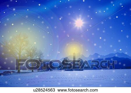 Stock Image - Snowing countryside, Bavaria, Germany. Fotosearch