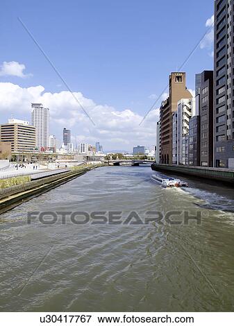 Stock Photo - Tosabori river and nautical vessel, Osaka Prefecture, Honshu, Japan. Fotosearch