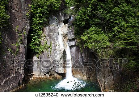 Stock Image - Ushigataki falls at Kakizoe gorge, Nagano Prefecture, Honshu, Japan. Fotosearch