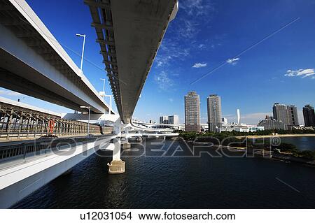 Picture - View of Odaiba from Rainbow bridge, Chuo ward, Tokyo, Honshu, Japan. Fotosearch