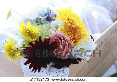 Stock Image - Wooden Wine Box and Bouquet. Fotosearch
