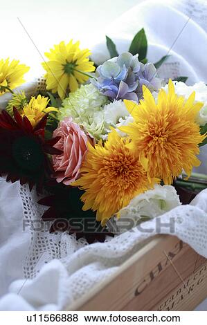 Stock Photo - Wooden Wine Box and Bouquet. Fotosearch