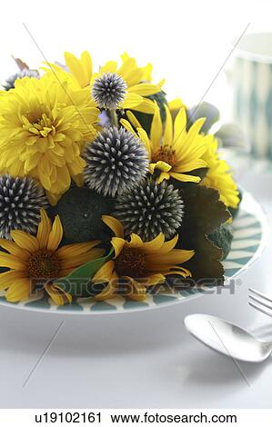 Stock Image - Yellow Flowers, Globe Thistle, and Autumn Hydrangea. Fotosearch