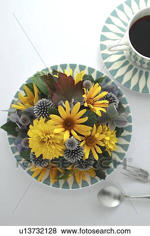 Yellow Flowers, Globe Thistle, and Autumn Hydrangea View Large Photo Image Stock Photo - Yellow Flowers, Globe Thistle, and Autumn Hydrangea. Fotosearch