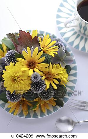 Stock Photography - Yellow Flowers, Globe Thistle, and Autumn Hydrangea. Fotosearch