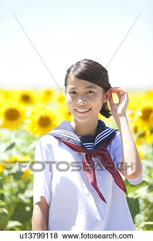 Young Schoolgirl in Sunflower Field View Large Photo Image Stock Photo - Young Schoolgirl in Sunflower Field. Fotosearch
