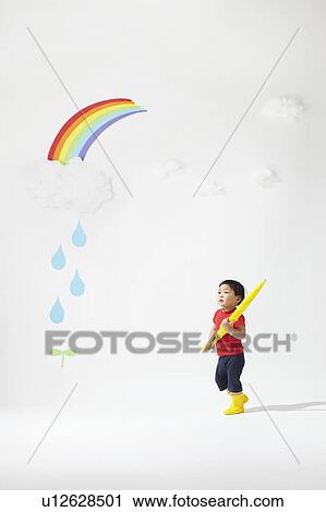 Boy in in Rain Below Rainbow View Large Photo Image Stock Image - Boy in in Rain Below Rainbow. Fotosearch