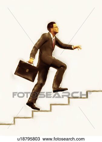 Stock Image - Businessman walking up staircase. Fotosearch