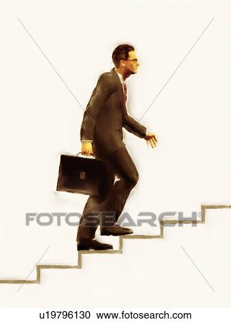 Stock Image - Businessman walking up staircase. Fotosearch