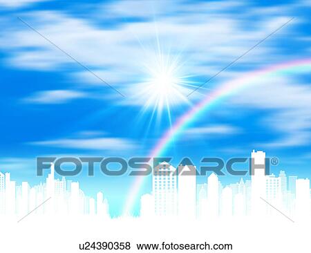 Stock Photo - Cityscape and Rainbow. Fotosearch
