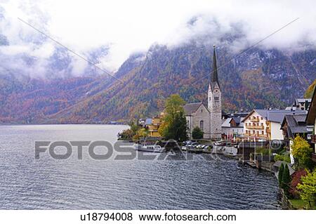 Hallstatt Lake and Church of St. Mary the Virgin View Large Photo Image Stock Photo - Hallstatt Lake and Church of St. Mary the Virgin. Fotosearch