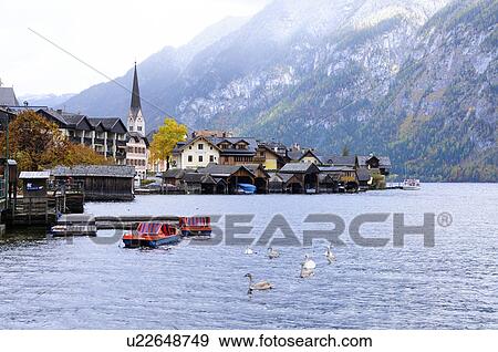 Stock Photo - Hallstatt Lake and Church of St. Mary the Virgin. Fotosearch