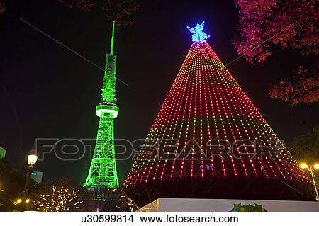 Picture - Illuminated TV Tower and Central Park, Nagoya, Japan. Fotosearch