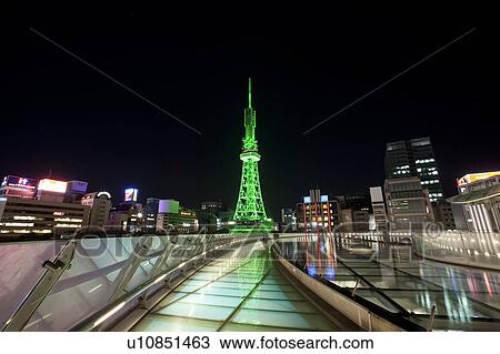 Stock Image - Illuminated TV Tower and Oasis 21 in Nagoya, Japan. Fotosearch