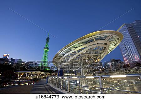 Stock Photo - Illuminated TV Tower and Oasis 21 in Nagoya, Japan. Fotosearch