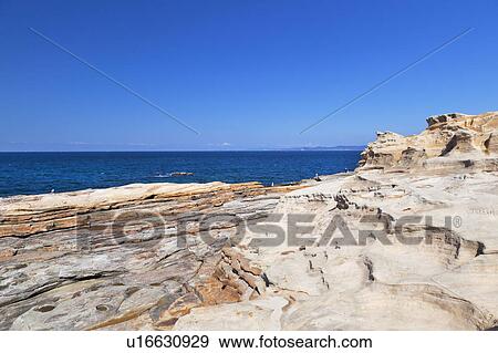 Stock Photo - Senjojiki Rock Formations and Ocean. Fotosearch