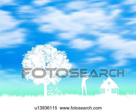 Tree, House, and Woman View Large Photo Image Stock Photography - Tree, House, and Woman. Fotosearch