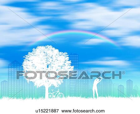 Tree, Rainbow, and Woman View Large Photo Image Stock Photo - Tree, Rainbow, and Woman. Fotosearch