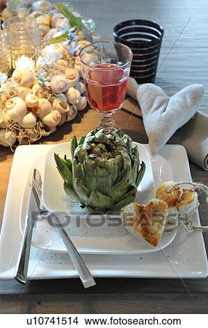 Picture - Artichoke, bread and red wine. Fotosearch