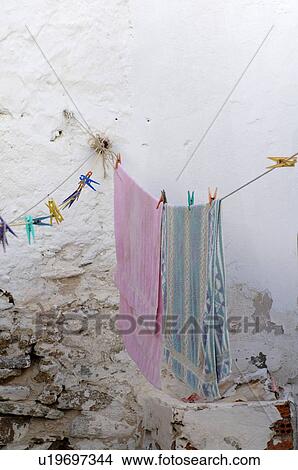 Bath towels hanging on clothesline View Large Photo Image Picture - Bath towels hanging on clothesline. Fotosearch