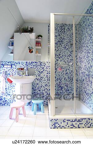 Bathroom with shower and mosaic tiles View Large Photo Image Stock Image - Bathroom with shower and mosaic tiles. Fotosearch