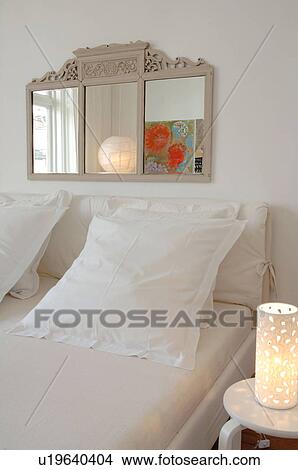 Bedroom with mirror above the bed View Large Photo Image Picture - Bedroom with mirror above the bed. Fotosearch