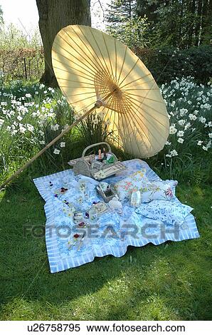 Stock Photography - Blanket, parasol and picnic basket in meadow. Fotosearch