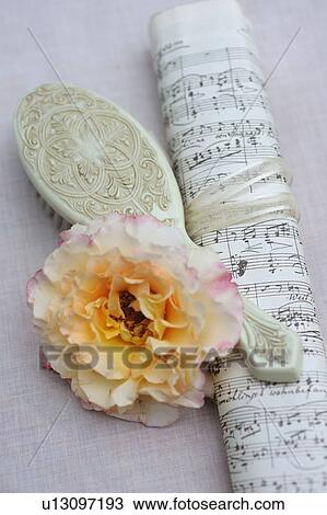 Stock Image - Blossom, hair brush and sheet of music. Fotosearch