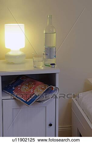 Bottle and glass of water on bedside table View Large Photo Image Stock Photography - Bottle and glass of water on bedside table. Fotosearch