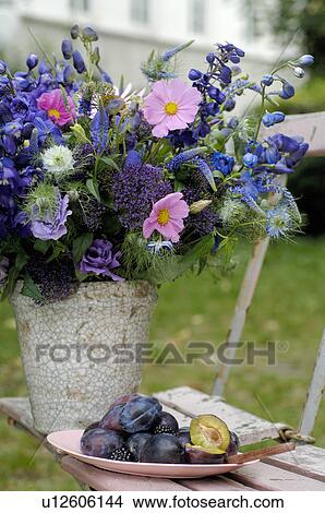 Bunch of summer flowers and plums on garden chair View Large Photo Image Picture - Bunch of summer flowers and plums on garden chair. Fotosearch