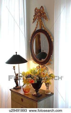 Stock Image - Bunches of flowers on dresser. Fotosearch