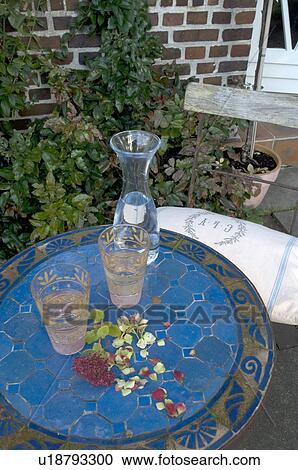 Carafe and glasses of water on garden table View Large Photo Image Stock Image - Carafe and glasses of water on garden table. Fotosearch