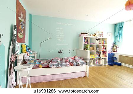 Childrens room with bed and shelf View Large Photo Image Stock Photograph - Childrens room with bed and shelf. Fotosearch