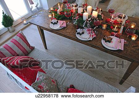 Christmas decoration on table in living room View Large Photo Image Stock Photo - Christmas decoration on table in living room. Fotosearch