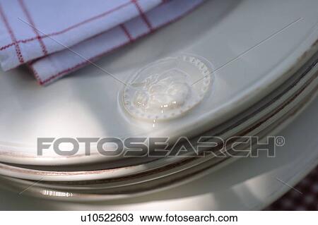 Stock Image - Dishtowels on stack of plates. Fotosearch