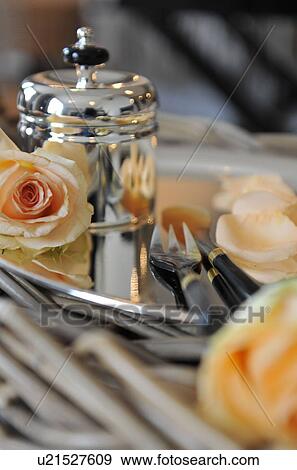 Elegant silver tray with rose blossoms View Large Photo Image Stock Photo - Elegant silver tray with rose blossoms. Fotosearch