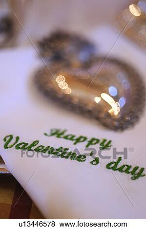 Stock Photo - Embroidered napkin Happy Valentines Day. Fotosearch