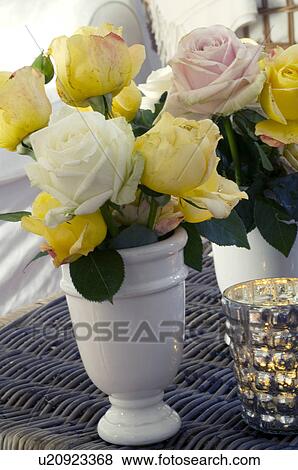 Stock Photo - Flower vase with yellow and white roses. Fotosearch