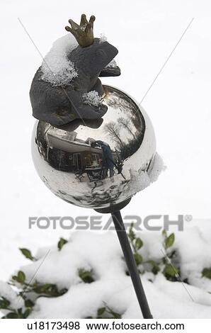 Frog figurine with crown sitting on gazing ball in snow View Large Photo Image Stock Photo - Frog figurine with crown sitting on gazing ball in snow. Fotosearch