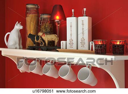 Kitchen shelf with cups and decorative objects View Large Photo Image Stock Image - Kitchen shelf with cups and decorative objects. Fotosearch
