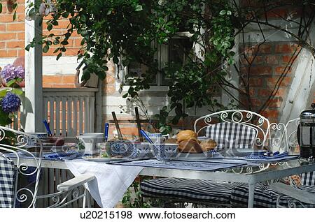 Laid breakfast table on terrace View Large Photo Image Stock Photo - Laid breakfast table on terrace. Fotosearch