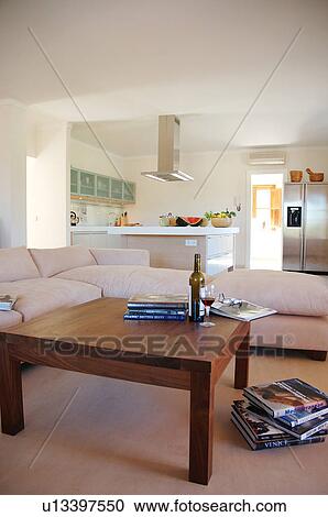 Living room and open plan kitchen View Large Photo Image Stock Image - Living room and open plan kitchen. Fotosearch