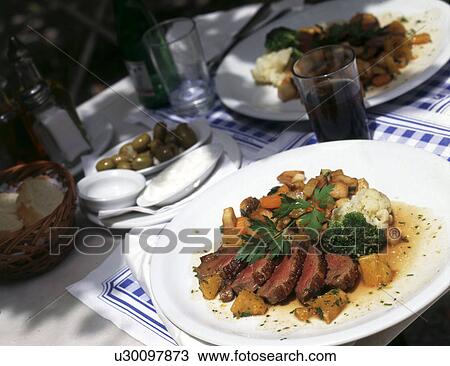 Meat dish on garden table View Large Photo Image Stock Image - Meat dish on garden table. Fotosearch