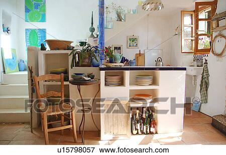 Stock Photo - Mediterranean open plan kitchen. Fotosearch