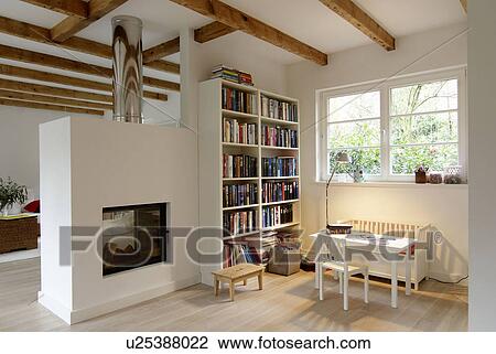 Stock Image - Modern bright living room with fireplace. Fotosearch