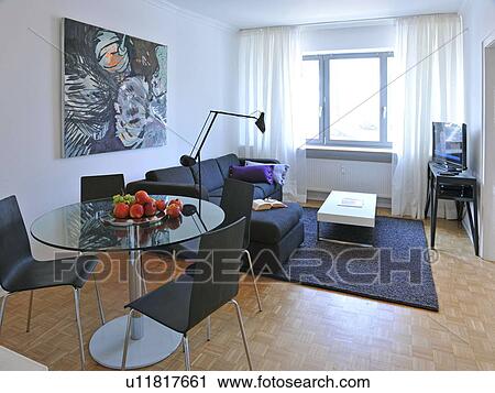 Modern living room with painting and dining area View Large Photo Image Stock Image - Modern living room with painting and dining area. Fotosearch