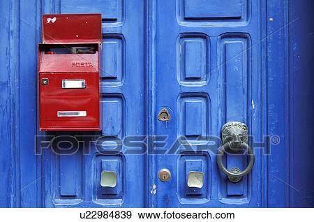Red mailbox at blue front door View Large Photo Image Stock Photo - Red mailbox at blue front door. Fotosearch