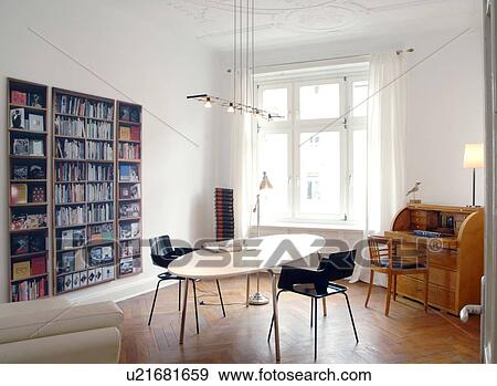 Stock Photo - Room with painted bookshelf and secretary desk. Fotosearch